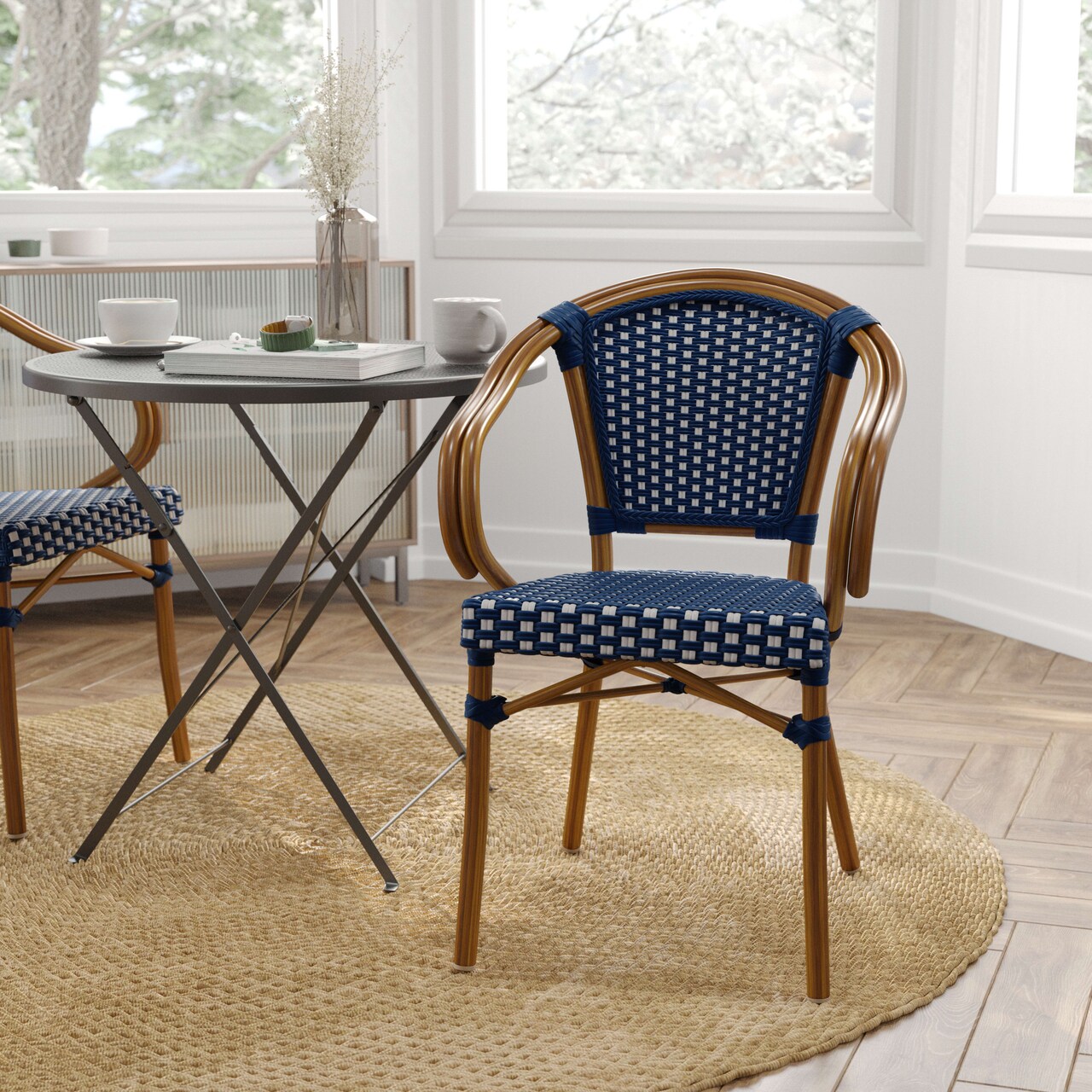 Merrick Lane Sacha Stacking Thonet Bistro Style Chair with Arms, PE Rattan Seat, and Bamboo Finished Metal Frame for Indoor/Outdoor Use